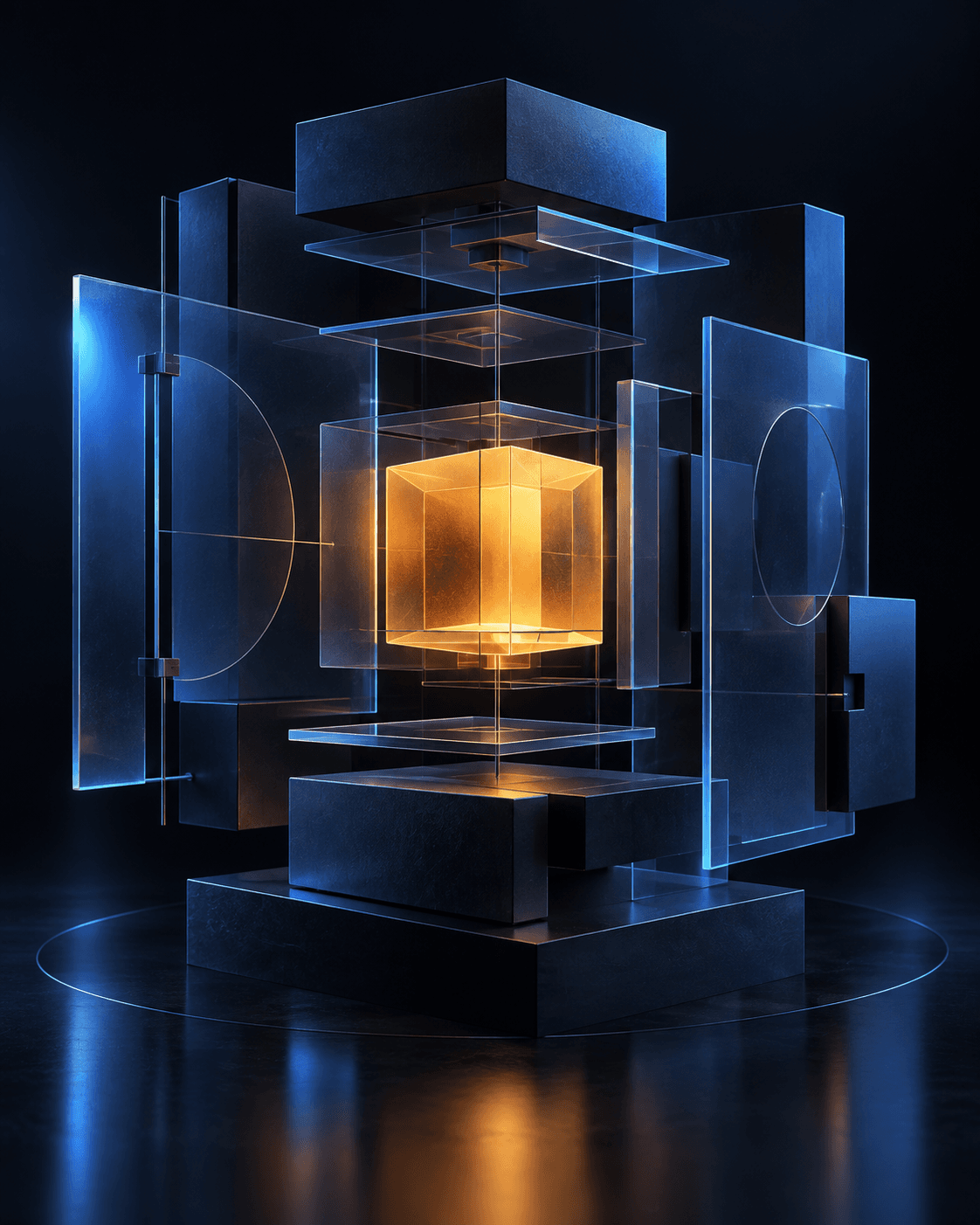 An abstract structure with a warm amber core being framed by translucent architectural planes